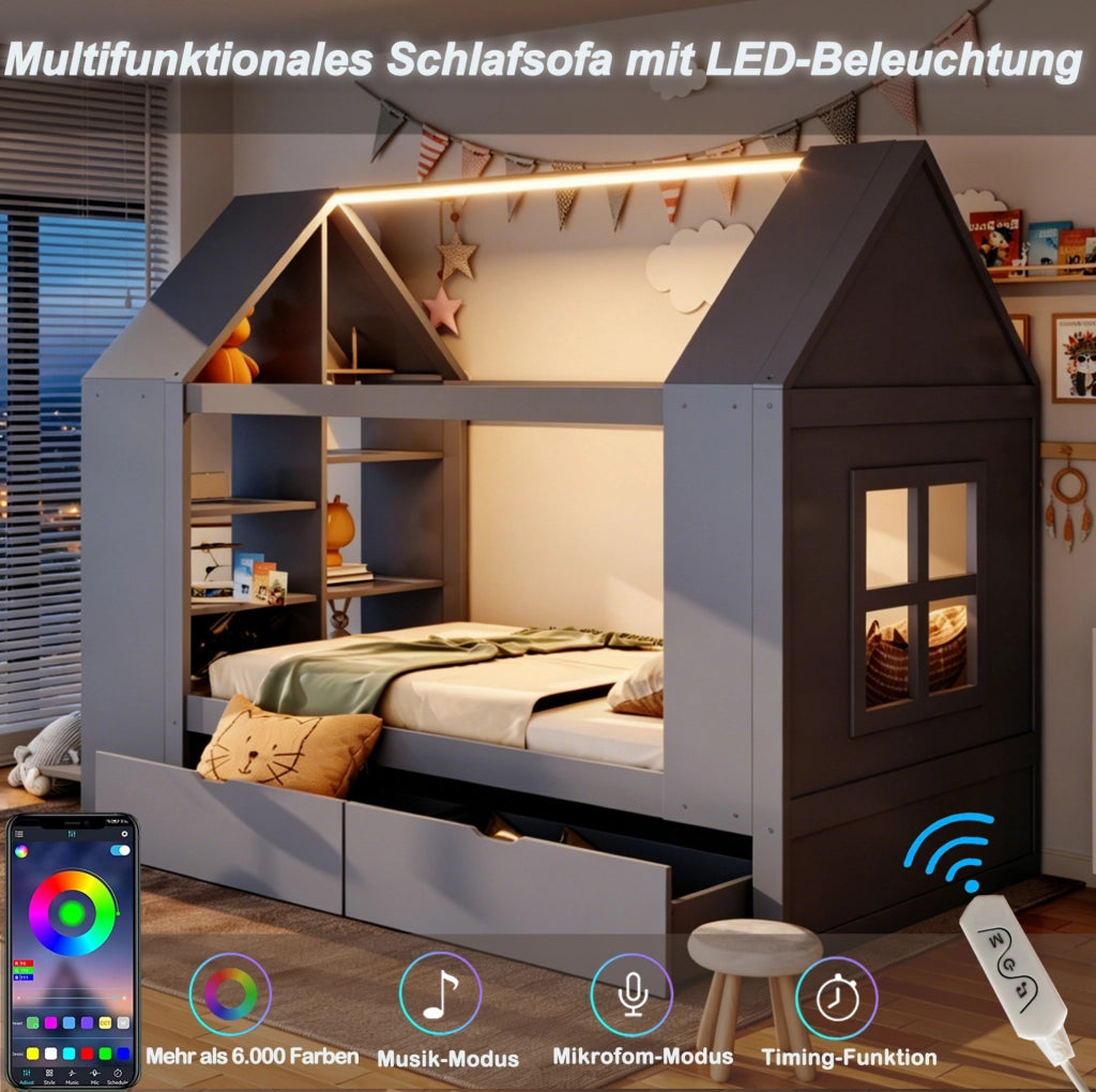 Letto per bambini a forma di casa 90x200 cm con LED; 2 cassetti e vano contenitore; grigio