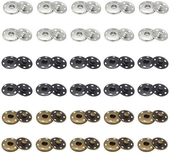 Drukknopen in metallo - 30 pezzi - Drukknopen per cucito - Drukknopen in rame - Nero/Nickel/Bronzo - 2,1 cm/0,83 pollice - Drukknopen per cucito