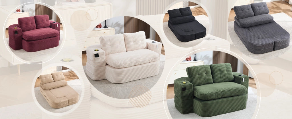 Divano convertibile 2 in 1 con braccioli rimovibili, portabicchieri doppi e schienale alto in velluto a coste beige