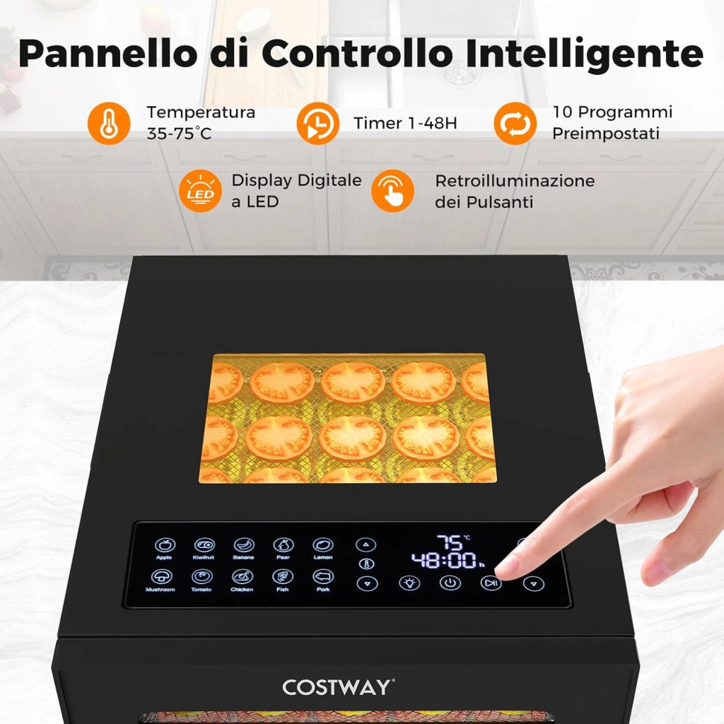 850W Essiccatore Alimentare, Disidratatore per Cibo in Acciaio Inox con 10 Vassoi, 10 Programmi, Timer e Temperatura da 30-75℃, Accessori Inclusi, per Frutta, Verdura e Carne