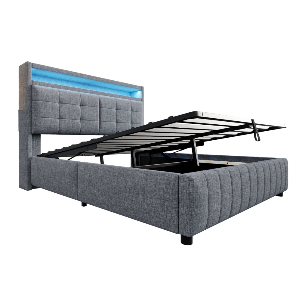 Letto imbottito 160x200 cm con LED; USB e contenitore in tessuto di lino grigio