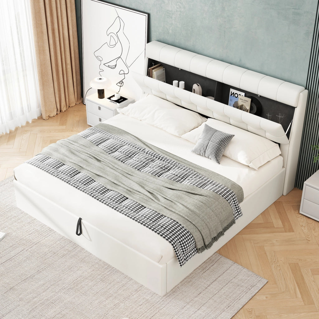OKWISH Letto Contenitore 160×200 cm, Letto Matrimoniale con Vano Nascosto, Alzata Idraulica e Rete a Doghe, senza Materasso, PU, Bianco