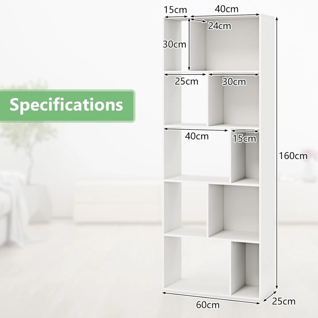 Libreria in legno a 5 livelli, scaffale portaoggetti con 10 scomparti aperti, 2 kit antiribaltamento, ripiano da pavimento, per soggiorno, ufficio, camera da letto