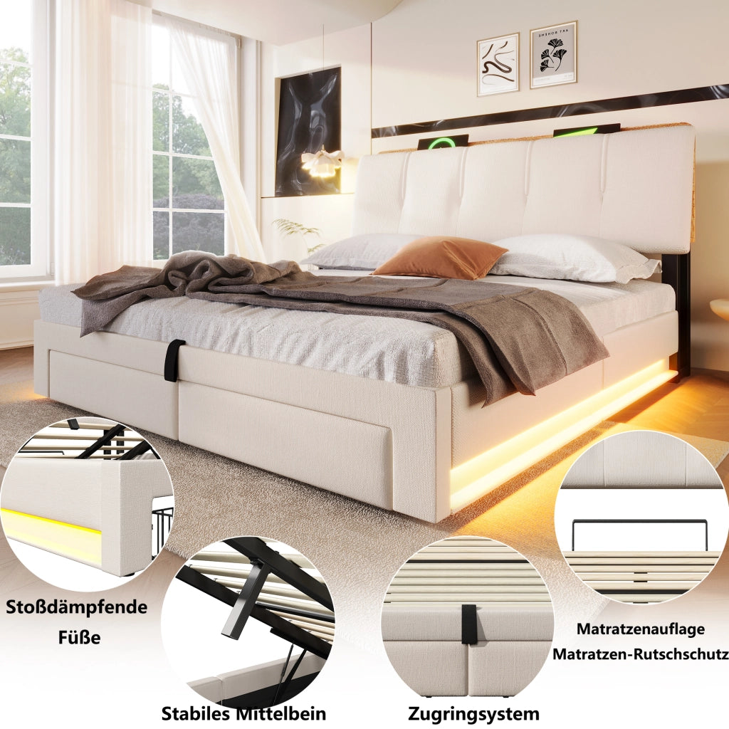 LETTO Contenitore 140x200 cm in lino beige con USB, Type-C e LED