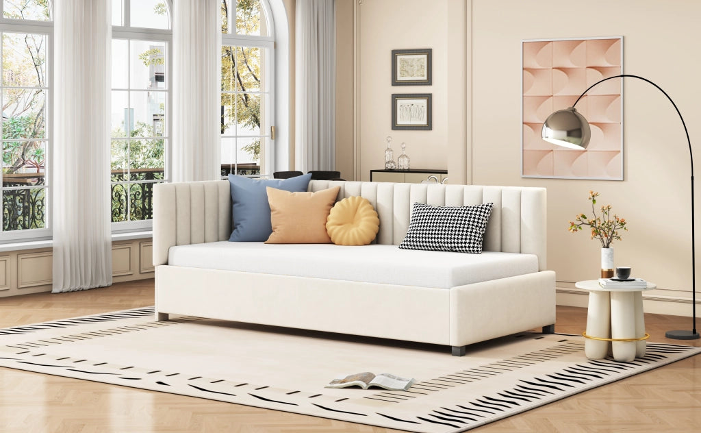 Letto sofà multifunzione in velluto beige 90x200 cm