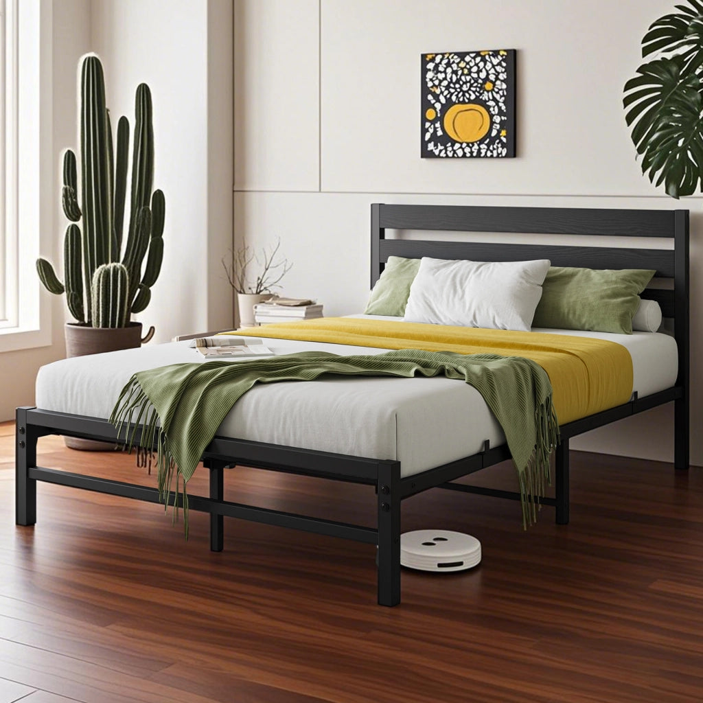 Letto singolo in metallo nero 90x200 cm con testiera MDF e rete a doghe