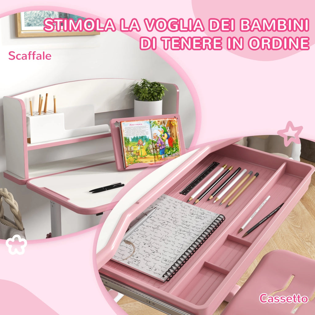 Scrivania Bambini con Sedia Regolabile e Piano Inclinabile ¨C zephmum ¨C Rosa