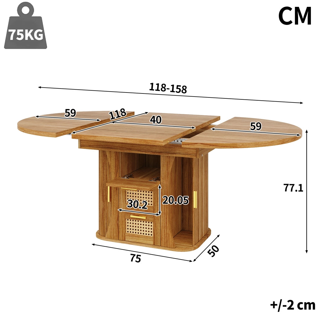 Tavolo da pranzo allungabile con cassetti in effetto rattan e spazio contenitore, per cucina e sala da pranzo, in MDF, rovere