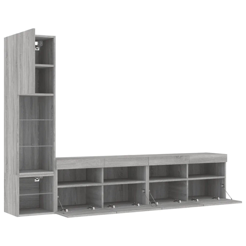 vidaXL Mobili TV a Muro con LED 4pz Grigio Sonoma in Legno Multistrato