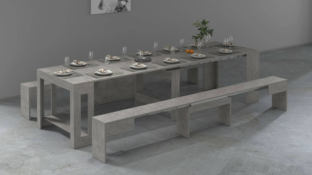 Set tavolo e sedie Auditore, Composizione multiuso, Set con consolle e 2 panche allungabili, 100% Made in Italy, 66x25h45 cm, Grigio