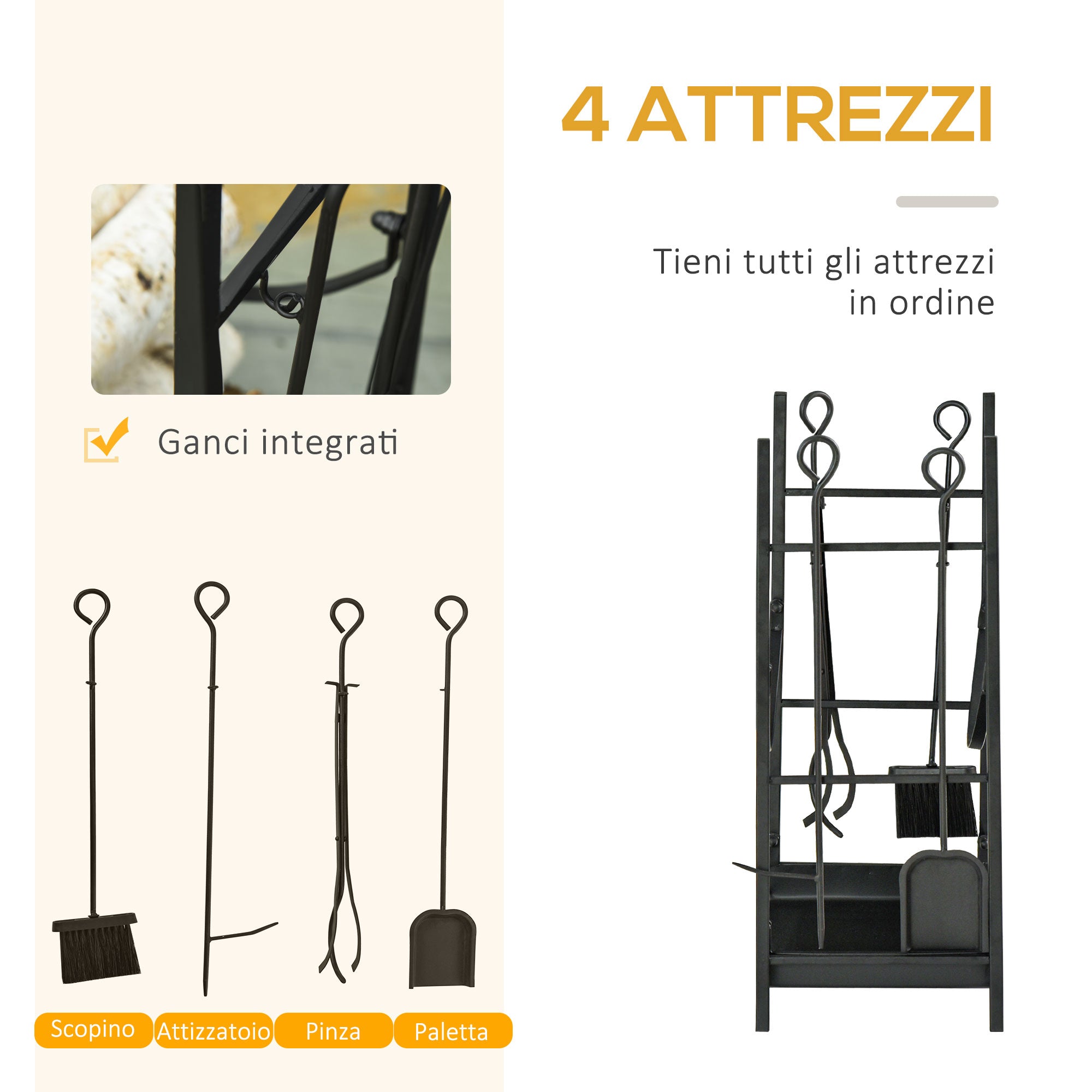 Portalegna per Camino 44,5x29,5x73 cm con Accessori in Metallo Nero