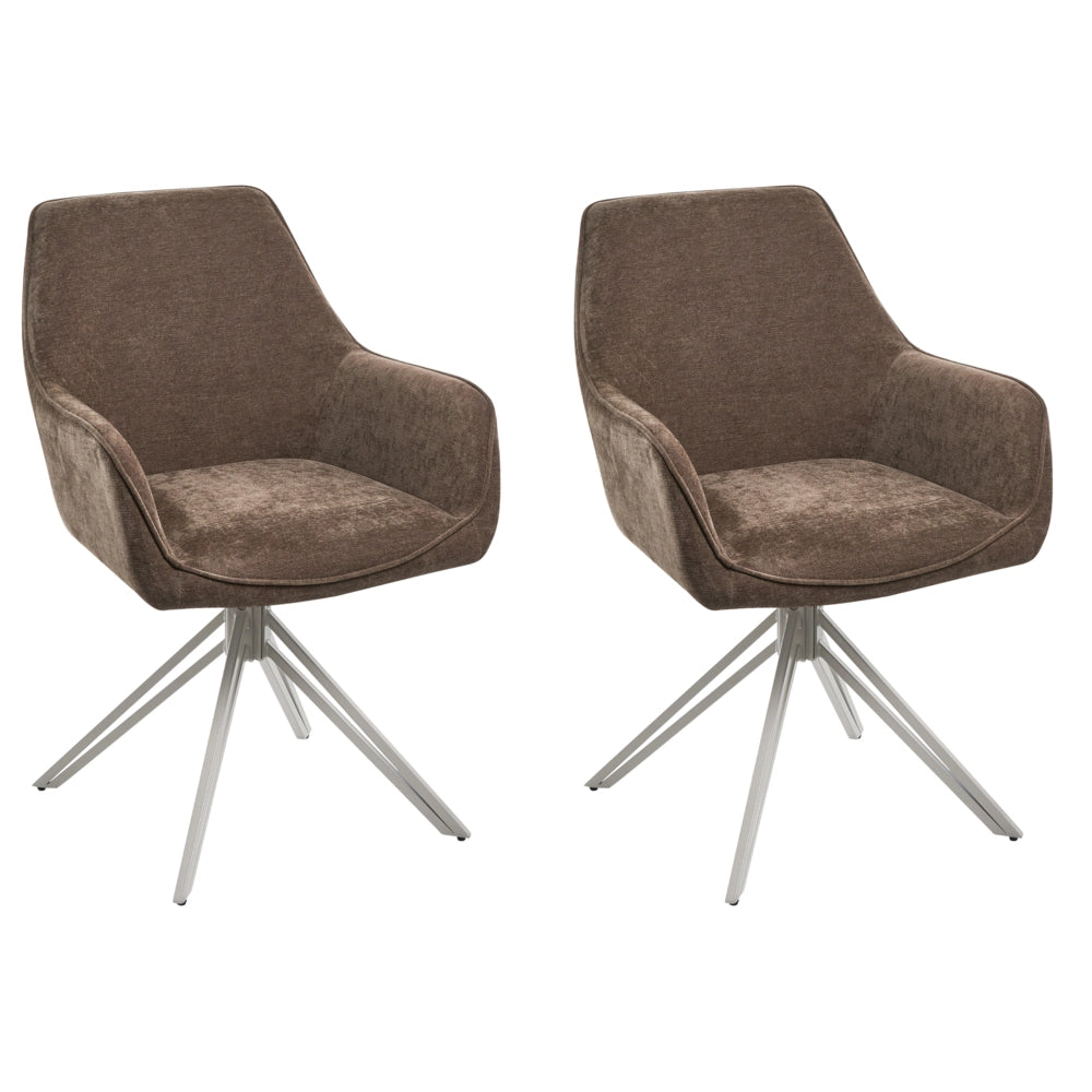 Set di 2 sedie da pranzo girevoli in tessuto marrone con braccioli e schienale, gambe in metallo beige, stile retrò-contemporaneo