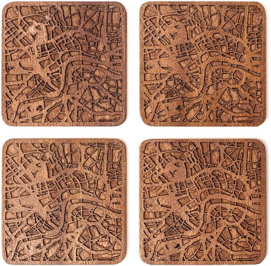 Onderzetters con pianta di Londra, realizzati in Sapele, 4 pezzi, con pianta di città, diverse città disponibili, realizzati a mano