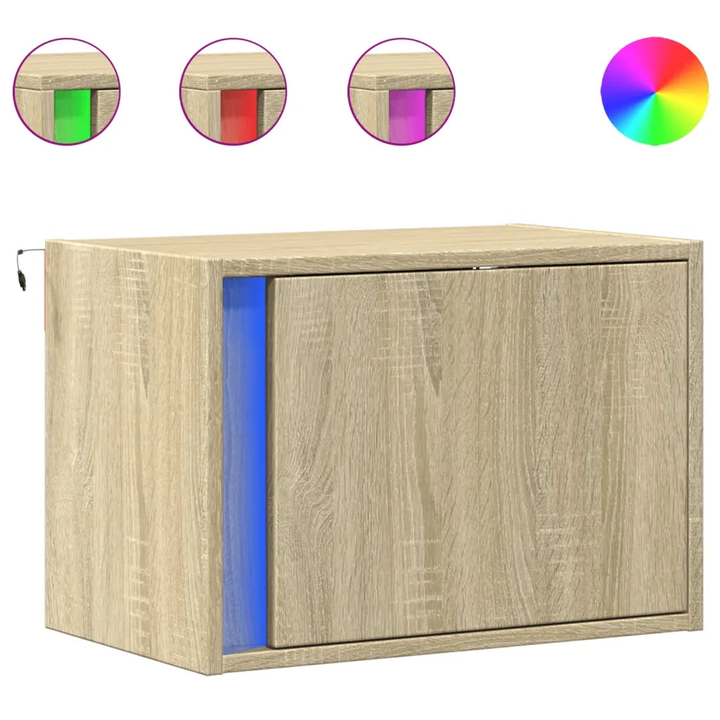 Comodino | Armadio da Notte | Mobiletto da notte a Parete con luci LED Rovere Sonoma