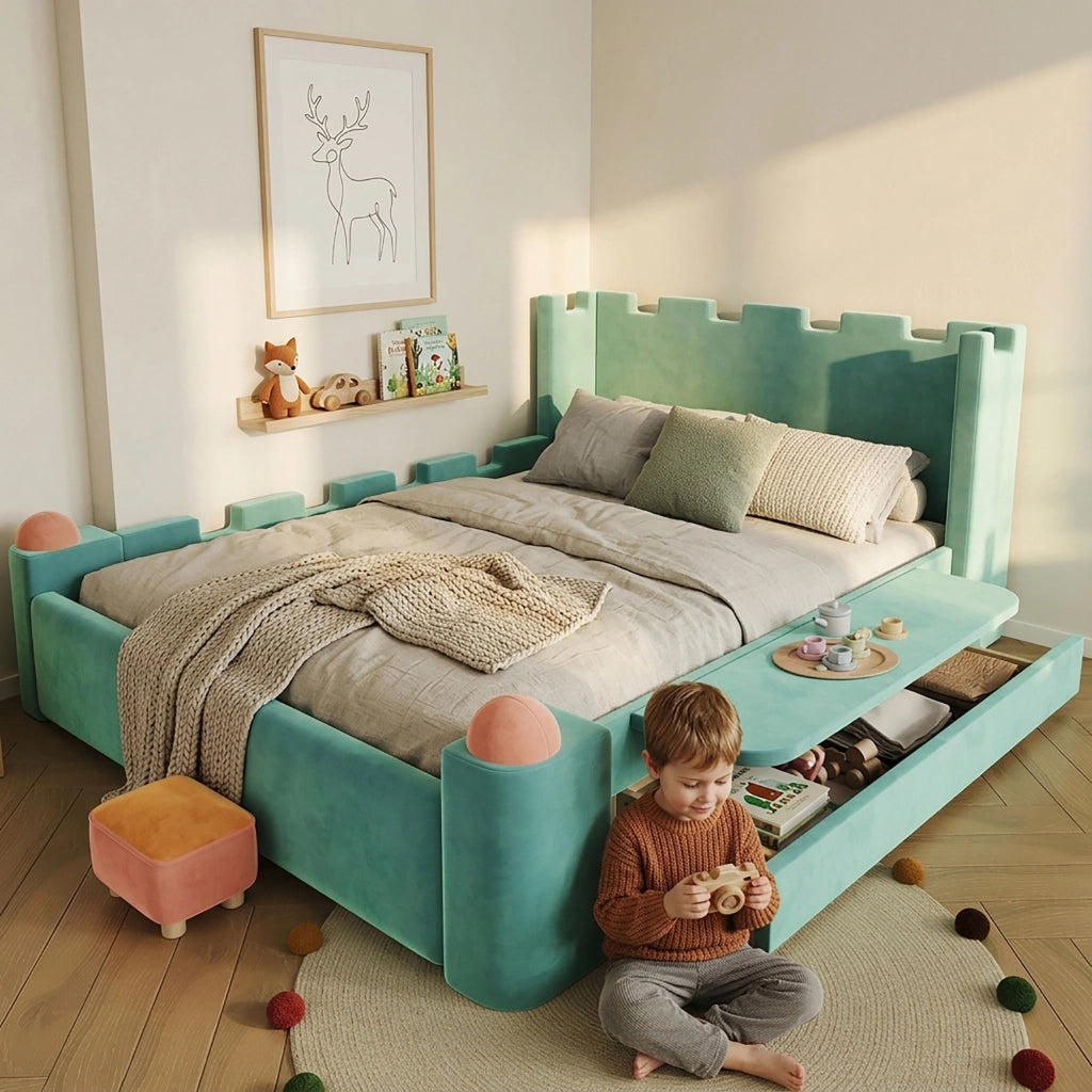 Letto per Bambini 140x200 cm; Matrimoniale con Ripiano pieghevole e Cassetto; Blu Verde