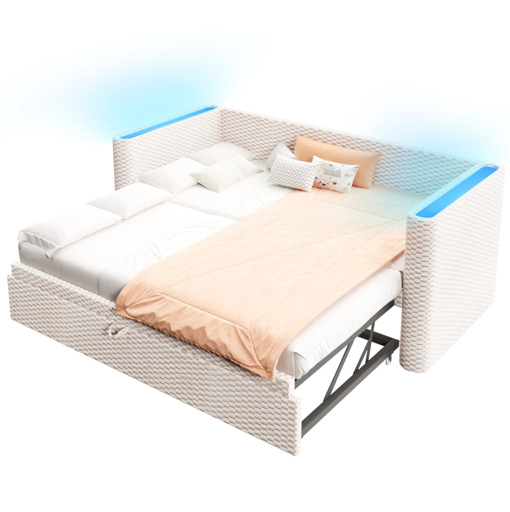 Divano letto 90x200 cm con LED e design estraibile in velluto beige