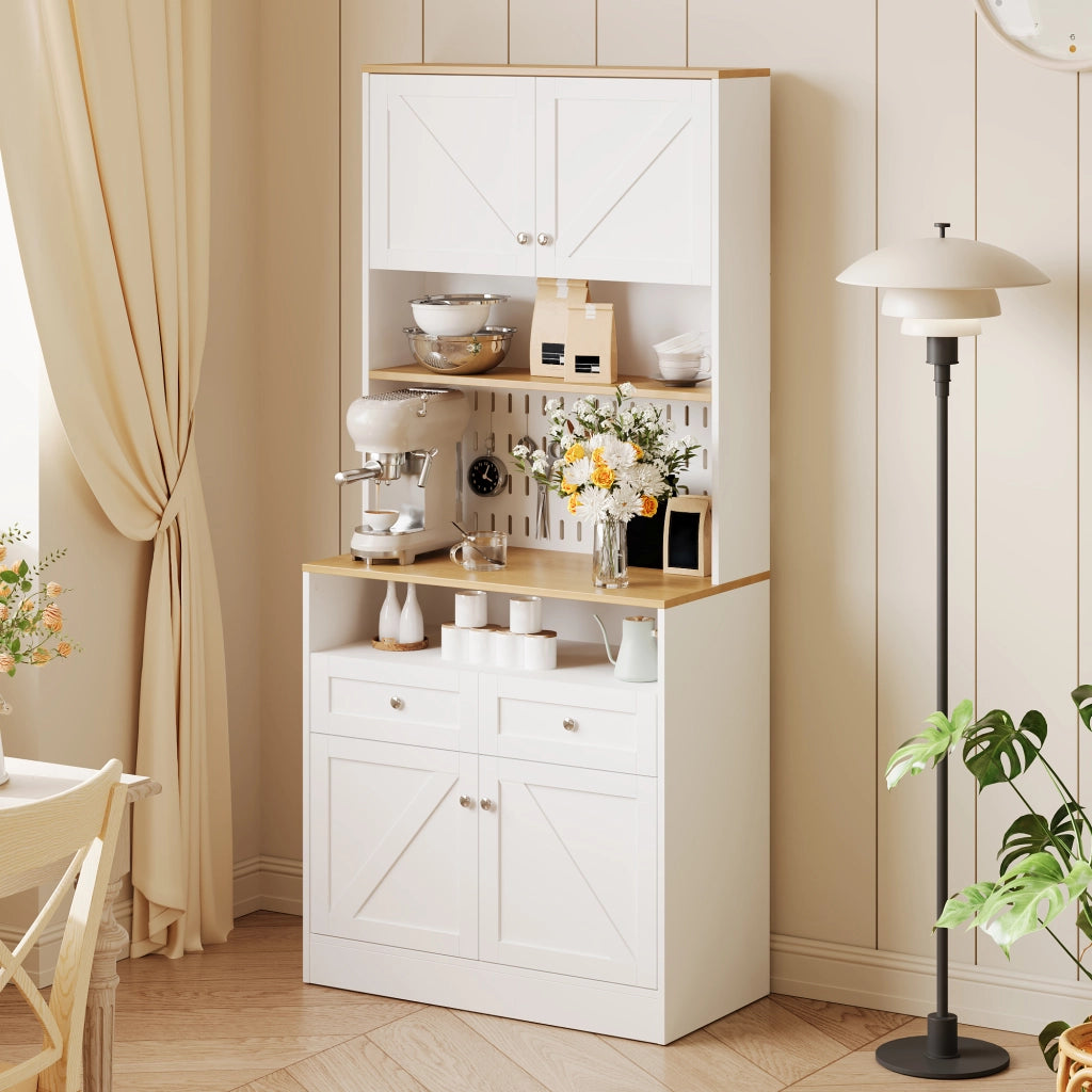 Credenza con ante a granaio e pannello forato, 2 cassetti e ripiani, cucina e sala da pranzo bianco e legno 80 × 40 × 175 cm