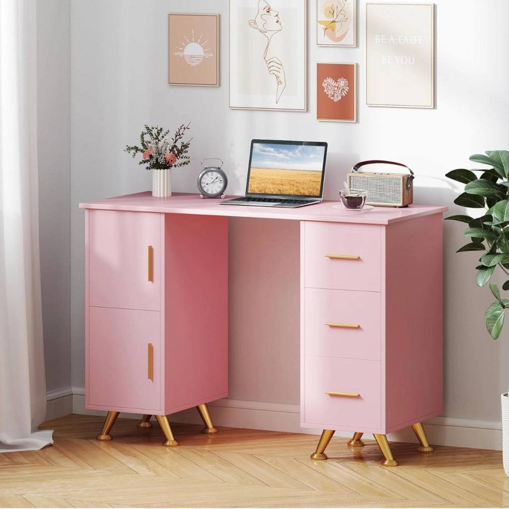 Tavolo per unghie con cassetti, Postazione lavoro in legno per nail art per salone di bellezza Rosa-Scrivanie
