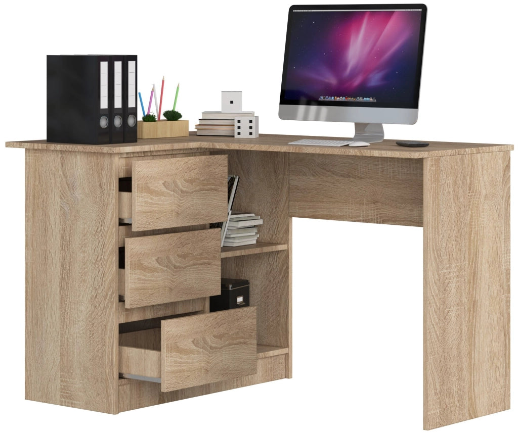 Scrivania angolare AKORD B16 Sonoma Quercia 124 cm 3 cassetti 124x85x77 cm Modello a sinistra