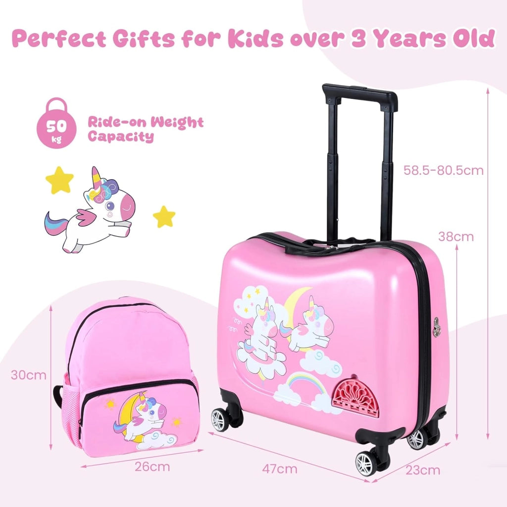 Set di Valigia Cavalcabile 18’’ + Zaino 12’’ per Bambini 2 Pezzi, Bagagli 2-in-1 di con Maniglia Telescopica e 4 Ruote, Trolley Bagaglio a Mano e Zaino per Bambini (Rosa Unicorno)