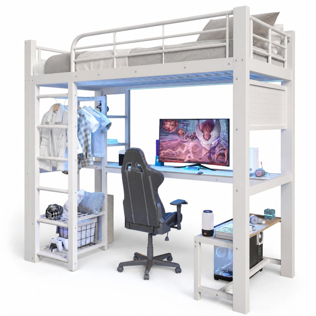 Letto a soppalco 90x200 cm in metallo bianco con scrivania; LED e ripiani