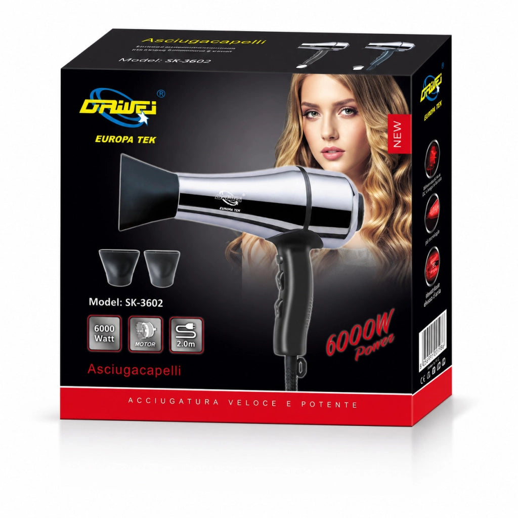 ASCIUGACAPELLI PROFESSIONALE 6000W PHON IONICO CON 2 BOCCHETTE CAPELLI SK-3602