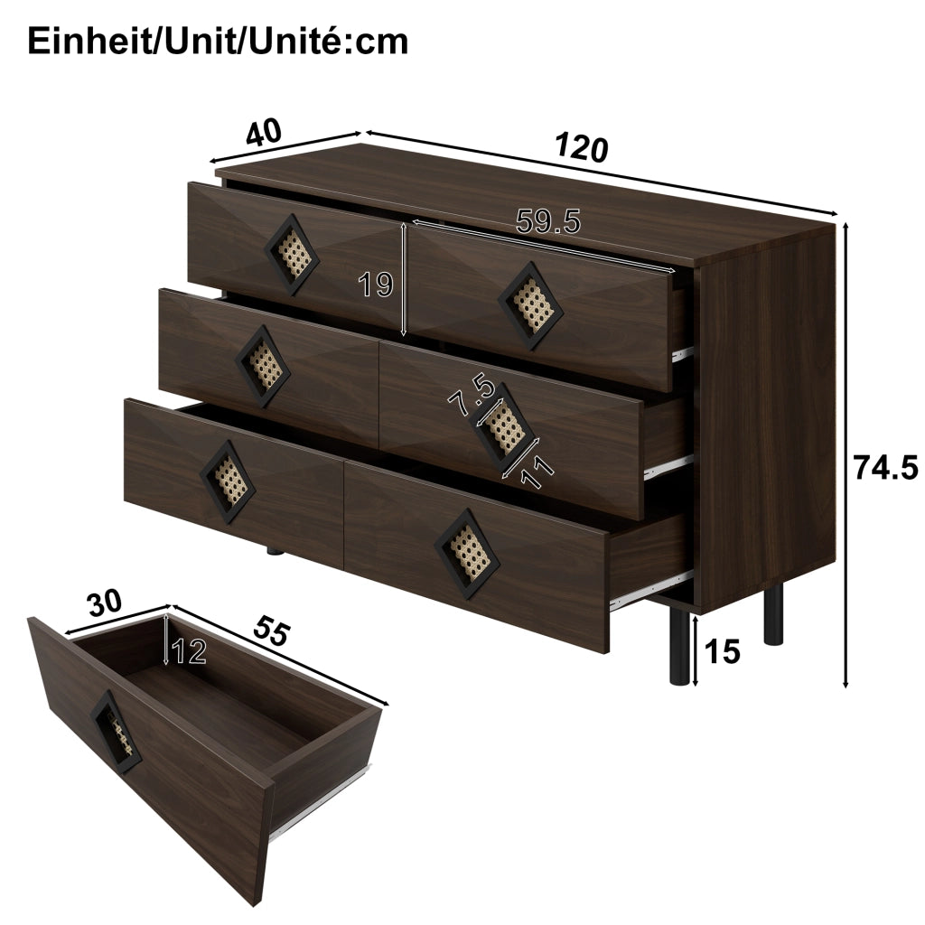 OKWISH Toeletta con 6 Cassetti e Passacavi, per Camera da Letto o Soggiorno, MDF e Pannelli di Particelle, 120 x 40 x 74 cm