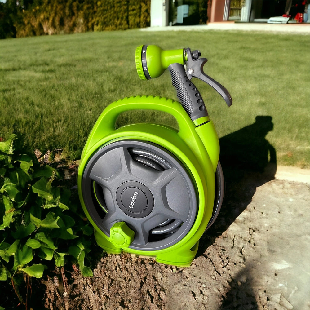 PRATICO AVVOLGITUBO PER ACQUA DA GIARDINO CON POMPA 10M - MANIGLIA AVVOLGENTE E DOCCETTA MULTI-FUNZIONE PER IRRIGAZIONE E PULIZIA