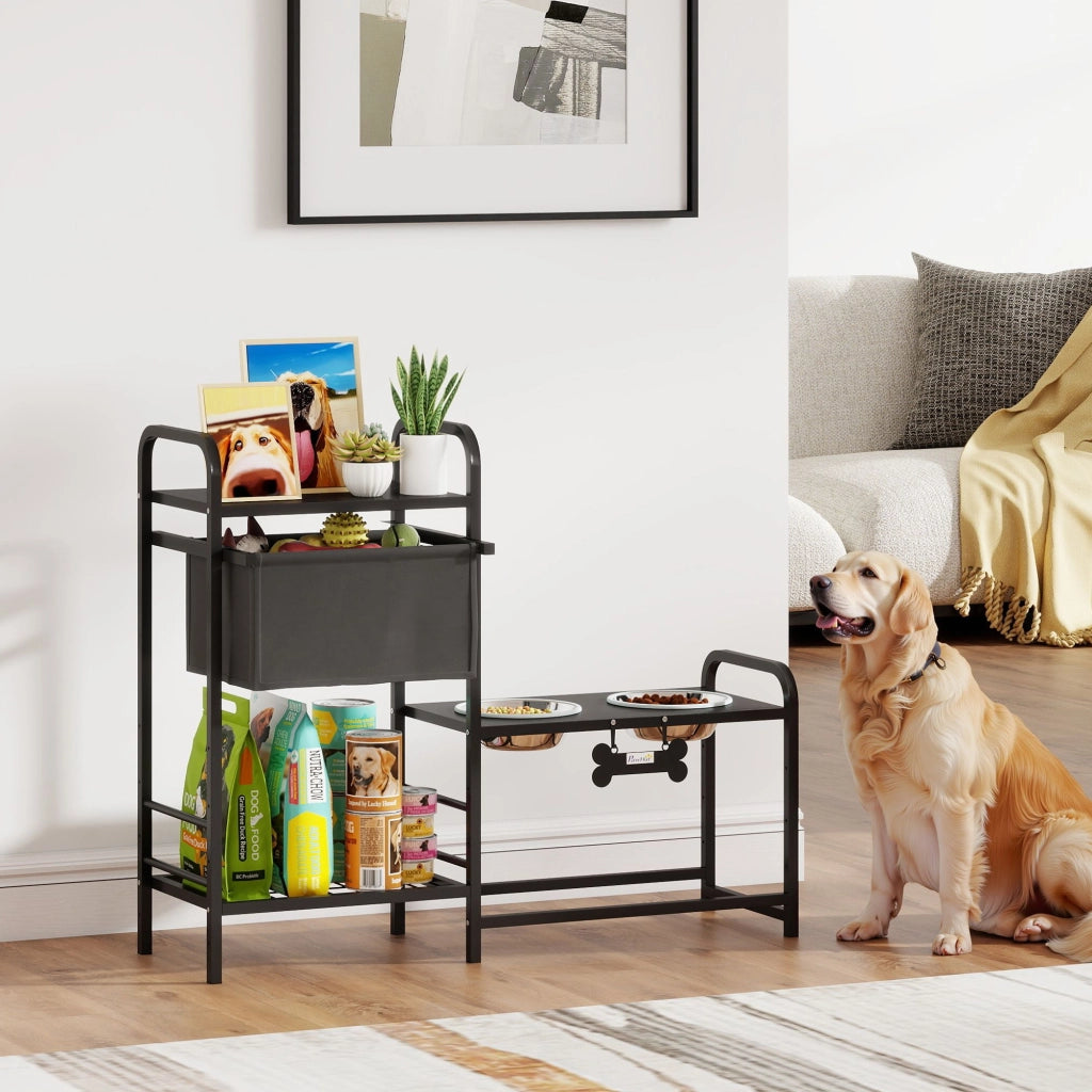 Ciotola per Cani Regolabile in Altezza con Contenitore ¨C zephmum ¨C 89.5x27x74 cm Nero