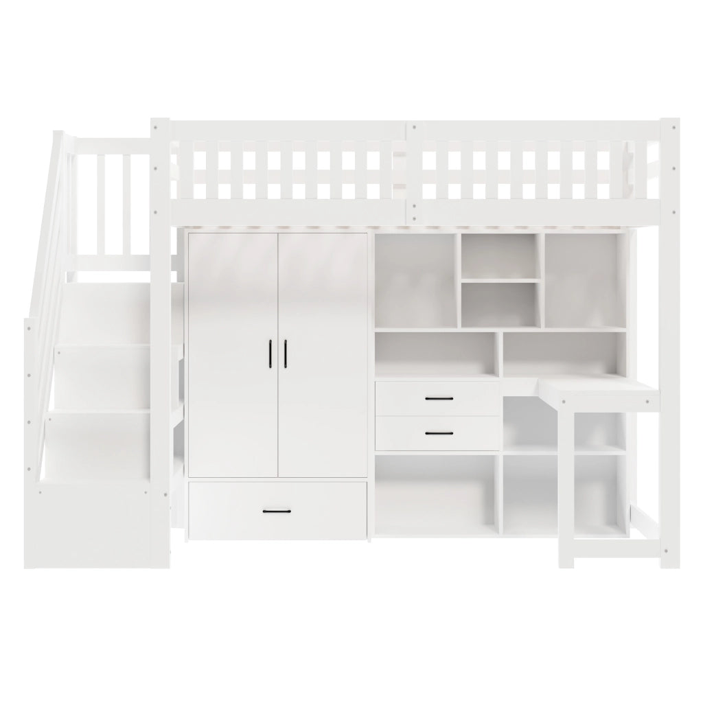 Letto a soppalco con scala contenitore, armadio e scrivania, 90x200 cm, bianco