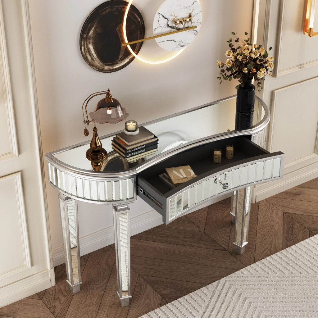 Consolle 120x38x78 cm con cassetto in vetro e MDF grigio e argento