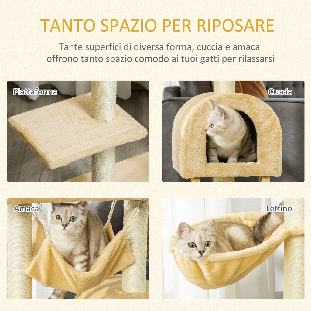 Tiragraffi per Gatti Multilivello con Amaca e Casetta, Corde in Sisal Naturale, 55¡Á30¡Á100cm