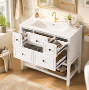 Mobile lavabo freestanding bianco con lavabo in ceramica e 5 cassetti