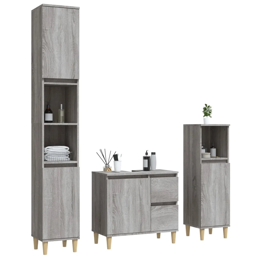 Set Mobili da Bagno | Armadio da bagno 3 pz Grigio Sonoma in Legno Multistrato