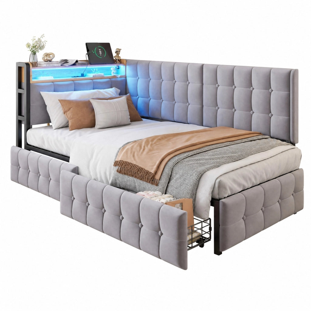 Divano letto imbottito 90x200 cm con 2 cassetti, LED integrato, porte USB e Type-C, struttura in metallo, grigio