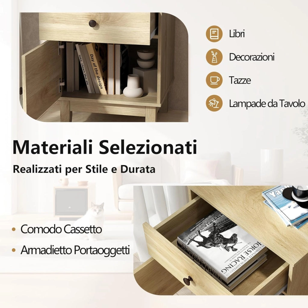Comodino in Rattan 40 x 39 x 55 cm, Mobile Moderno con Cassetto, Armadietto e Gambe in Legno Massello, Tavolino in Stile Boemia per Camera da Letto, Soggiorno e Salotto (Nero)