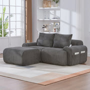Divano modulare 2 posti con pouf; portabicchieri e tasca laterale; velluto a coste grigio scuro