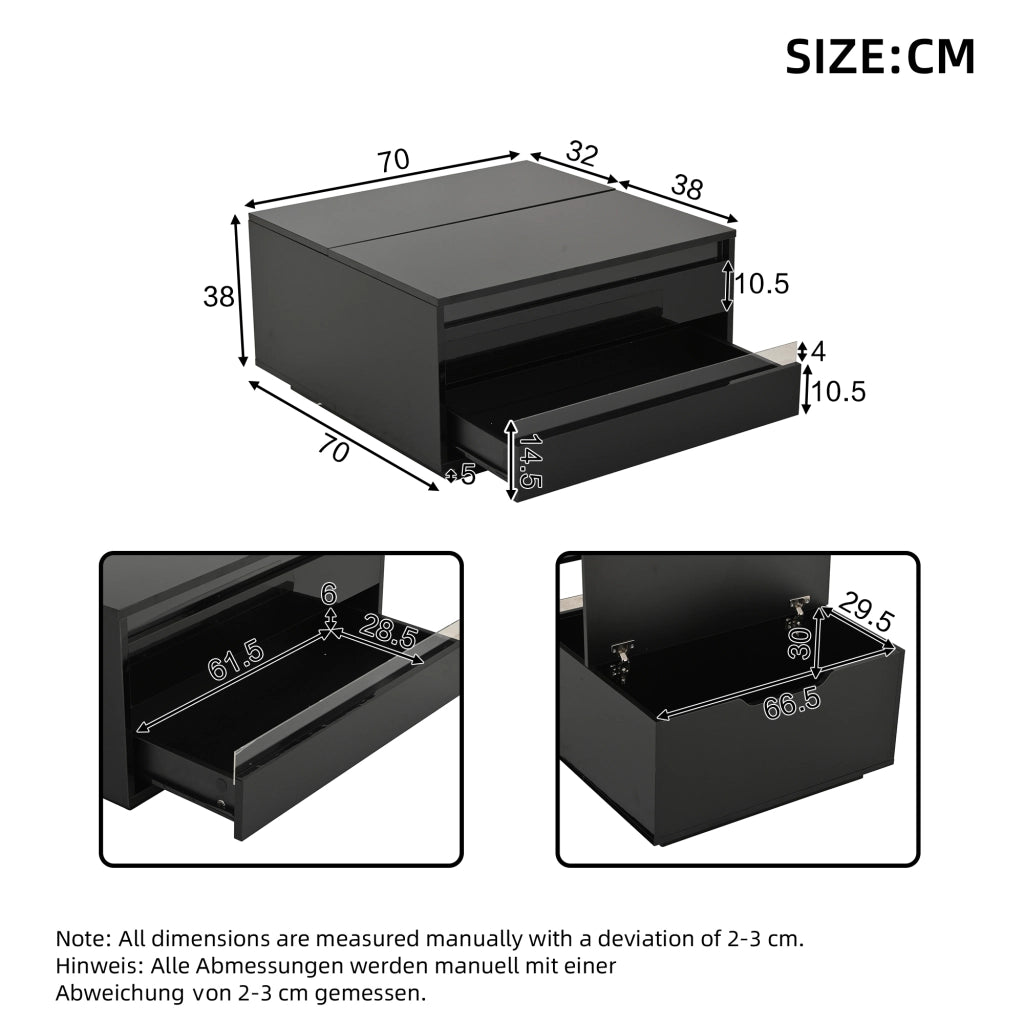 Tavolino basso quadrato con piano sollevabile, LED da app, 1 cassetto e vano contenitore, nero 70 × 70 × 38 cm