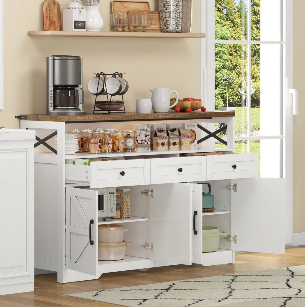 Credenza buffet 140 cm bianco e marrone con 3 cassetti e 2 armadietti