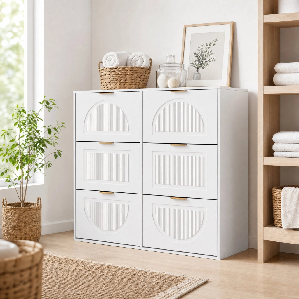 Mobile portascarpe bianco con 6 ribalte; struttura sottile 118x25x115 cm in MDF e truciolare