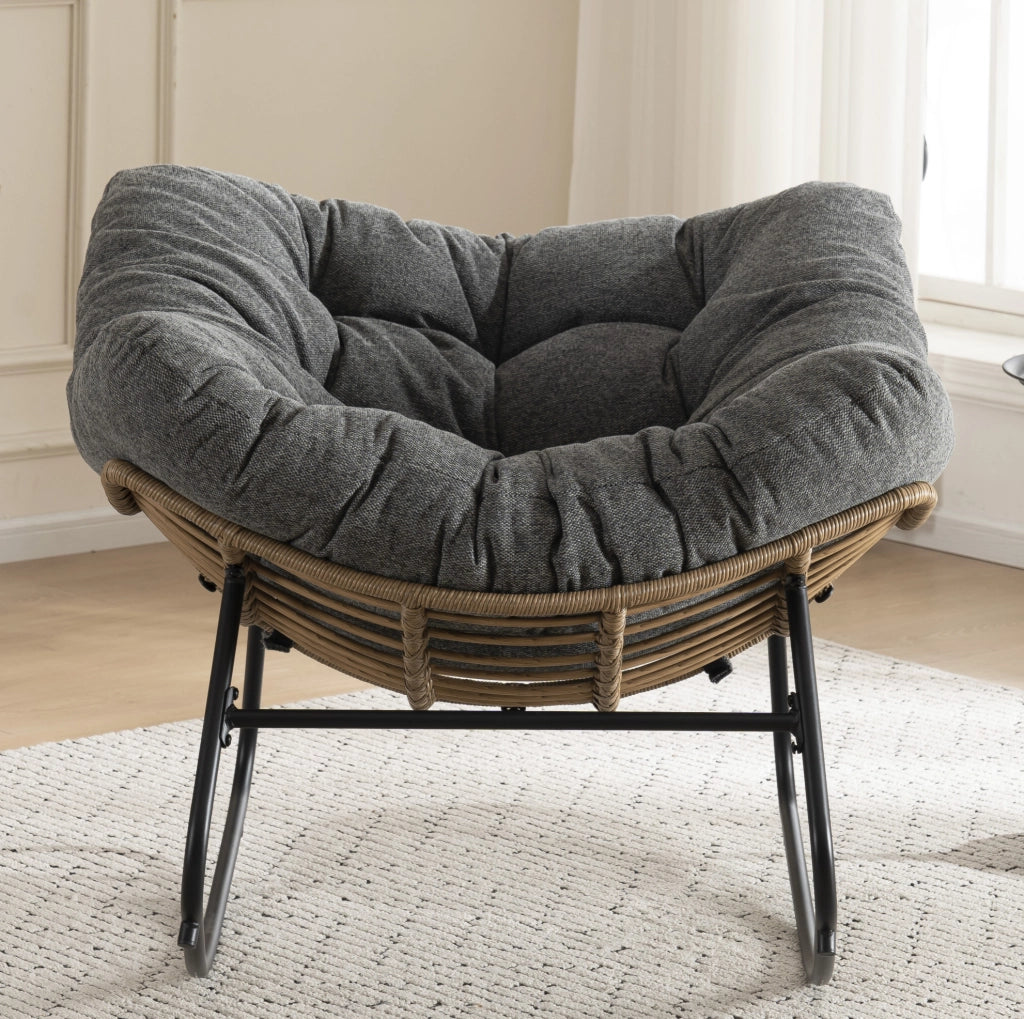 Poltrona a dondolo 91x102.5x77 cm con base a slitta in chenille e metallo nera