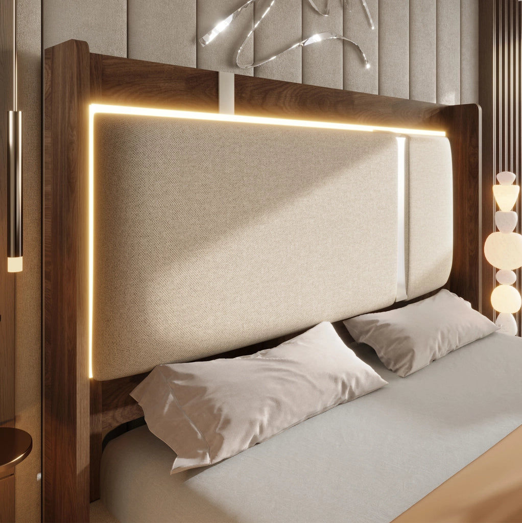 Letto imbottito 140x200 con LED integrato e vano contenitore