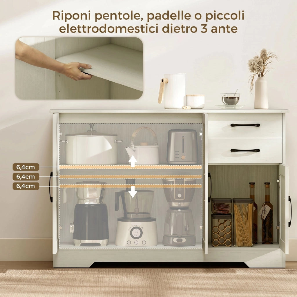 Mobile Cucina 120x38x79 cm con 2 Cassetti e 3 Armadietti Ripiani Regolabili in MDF Crema