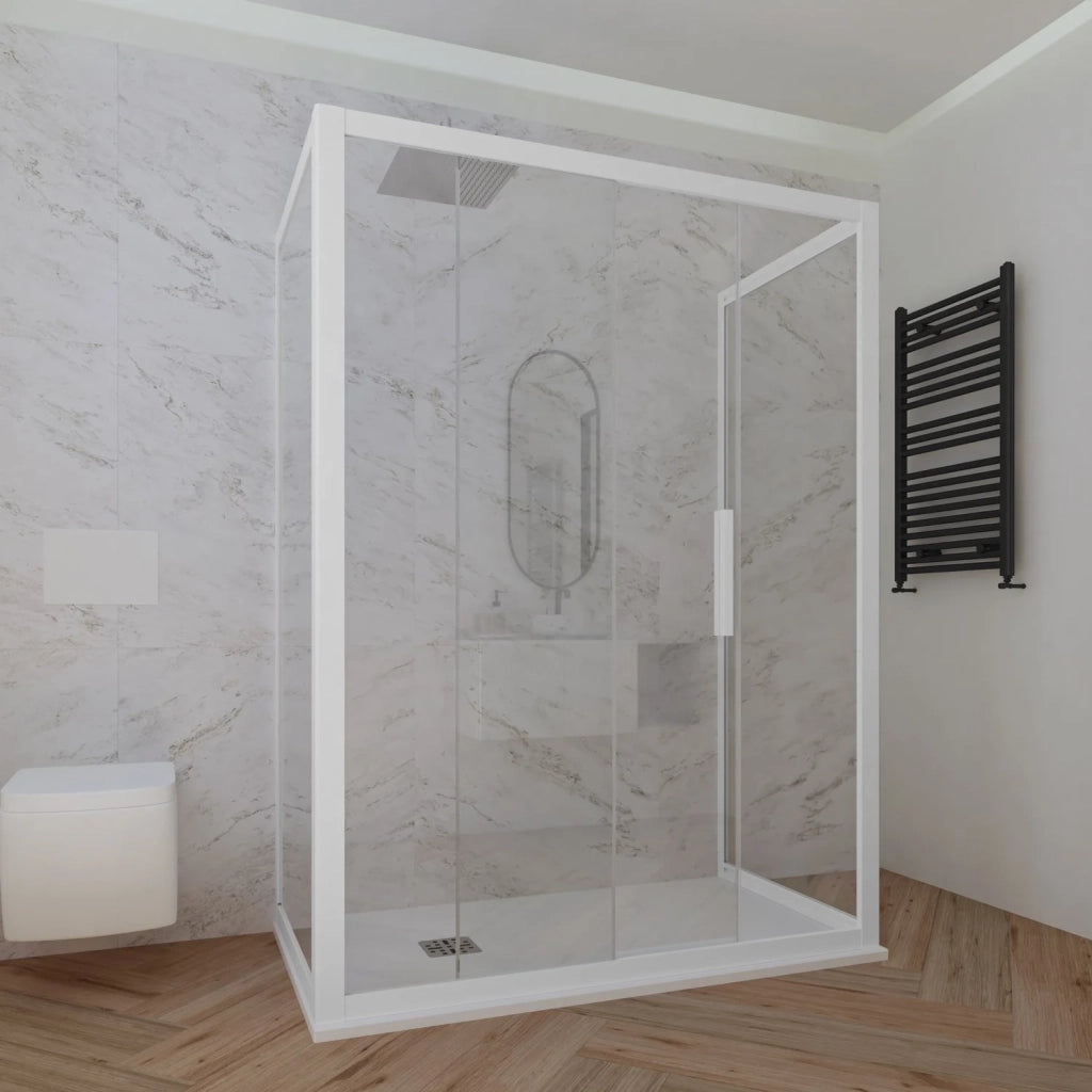 Box doccia 3 lati 80x150x80 CM H 200 Vetro Trasparente Profilo Bianco Matt mod. Deco Trio