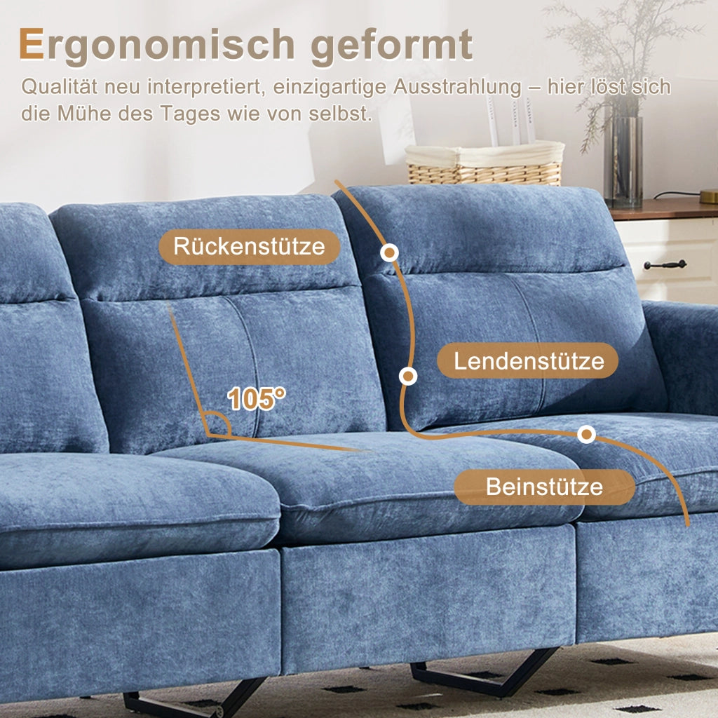 Divano angolare reversibile in chenille con pouf contenitore e tasche laterali in legno massello blu
