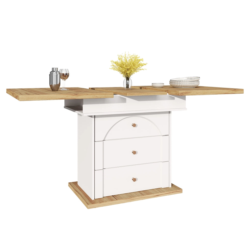 Tavolo allungabile in MDF con spazio contenitore e soft close, per cucina e soggiorno, bianco, 110-140 × 80 × 75 cm