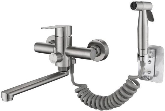 Kraan da parete con spruzzatore - 3 getti d'acqua, fuoriuscita rotativa 360°, rubinetto in acciaio inossidabile per cucina