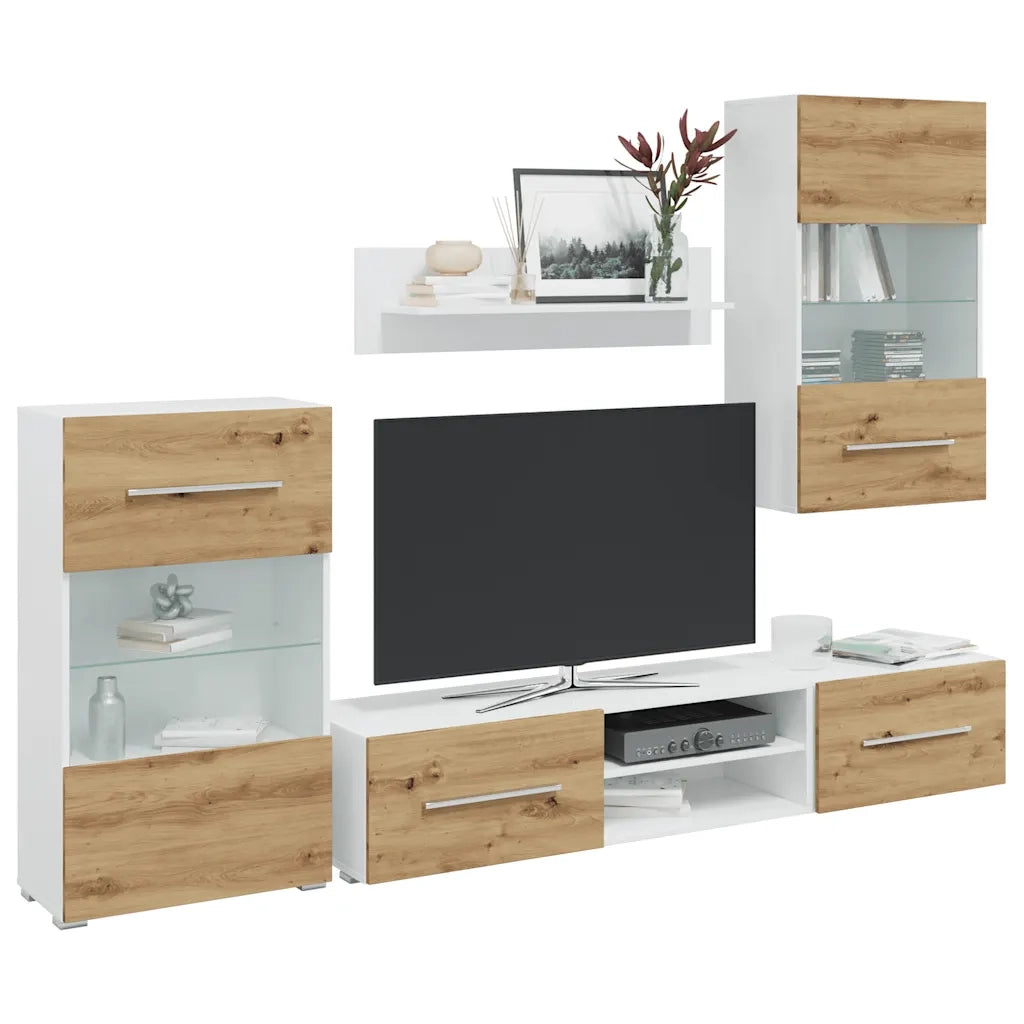 Mobile TV 5 pz con Illuminazione a LED Rovere Artigianale 3324234