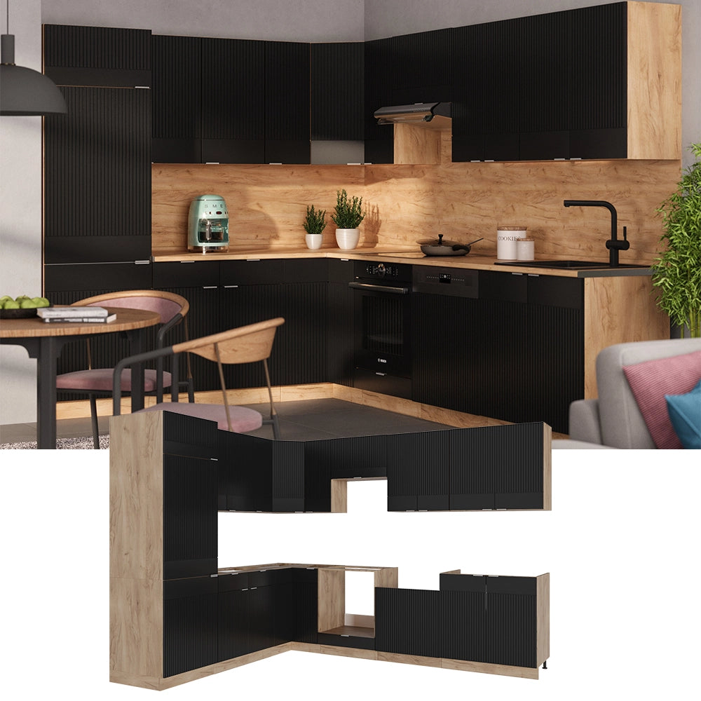 Cucina angolare completa Fame-Line Nero rigato/Rovere dorato 227 x 60 cm, PL Marmo Vicco