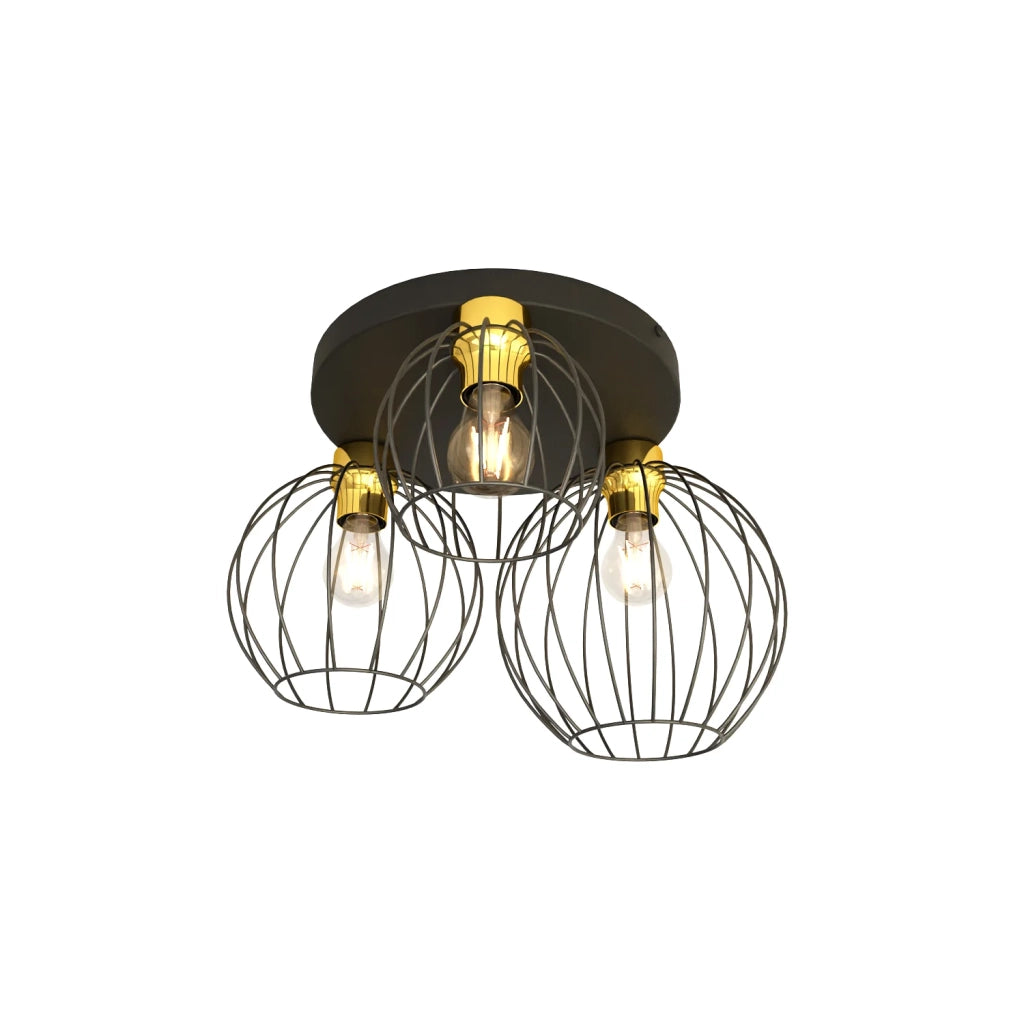 Plafoniera Minimal Industrial Geb 3 Luci Tonda Nera E Oro